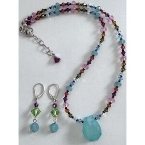 Emily Ray 925 Necklace Earrings Set Multicolor Crystal Aqua Pendant